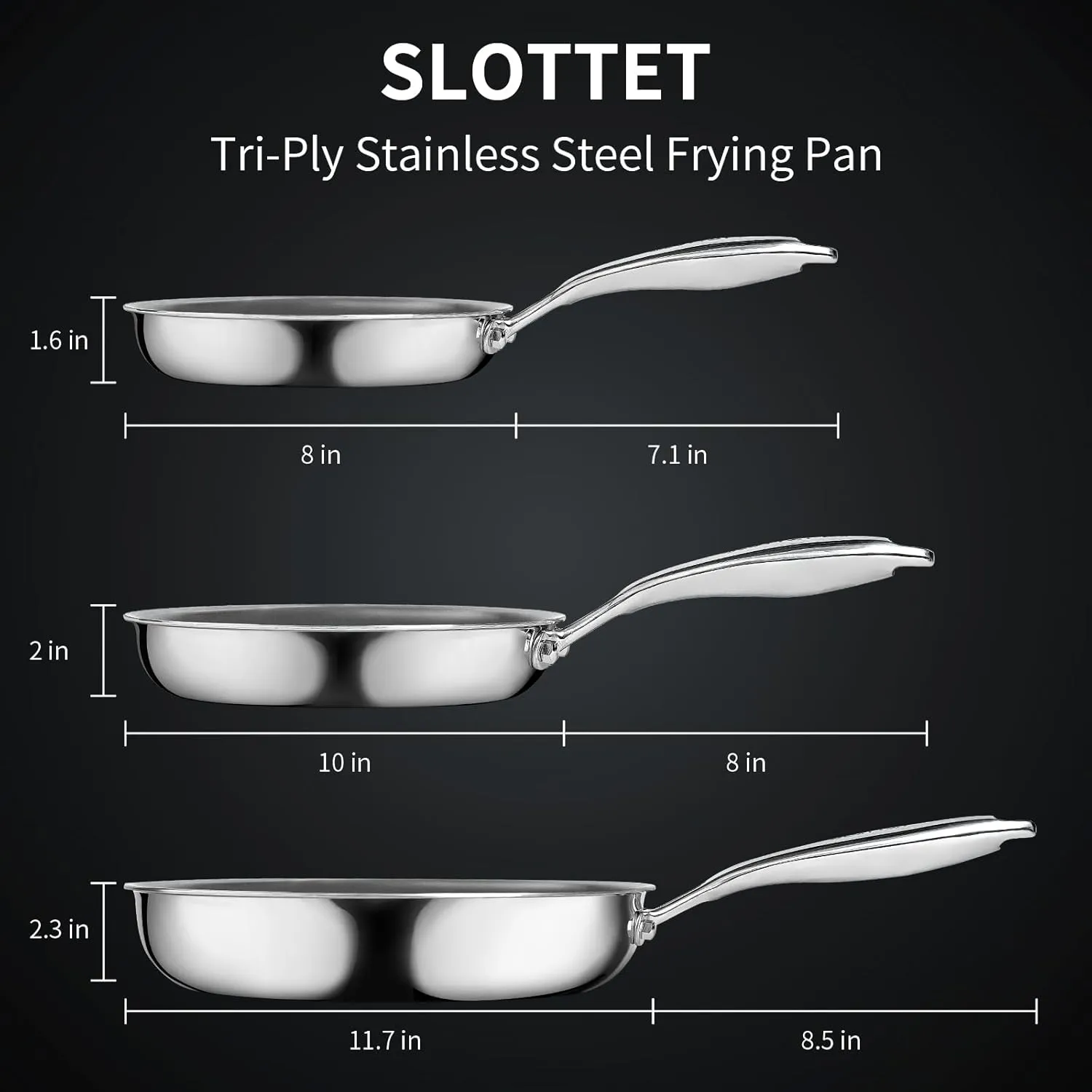 10 Inch Tri-Ply Stainless Steel Frying Pan,Whole-Clad No Coatings Skillet with Stay-cool Handle for Cooking,Dishwasher and Oven Safe,Induction Pans