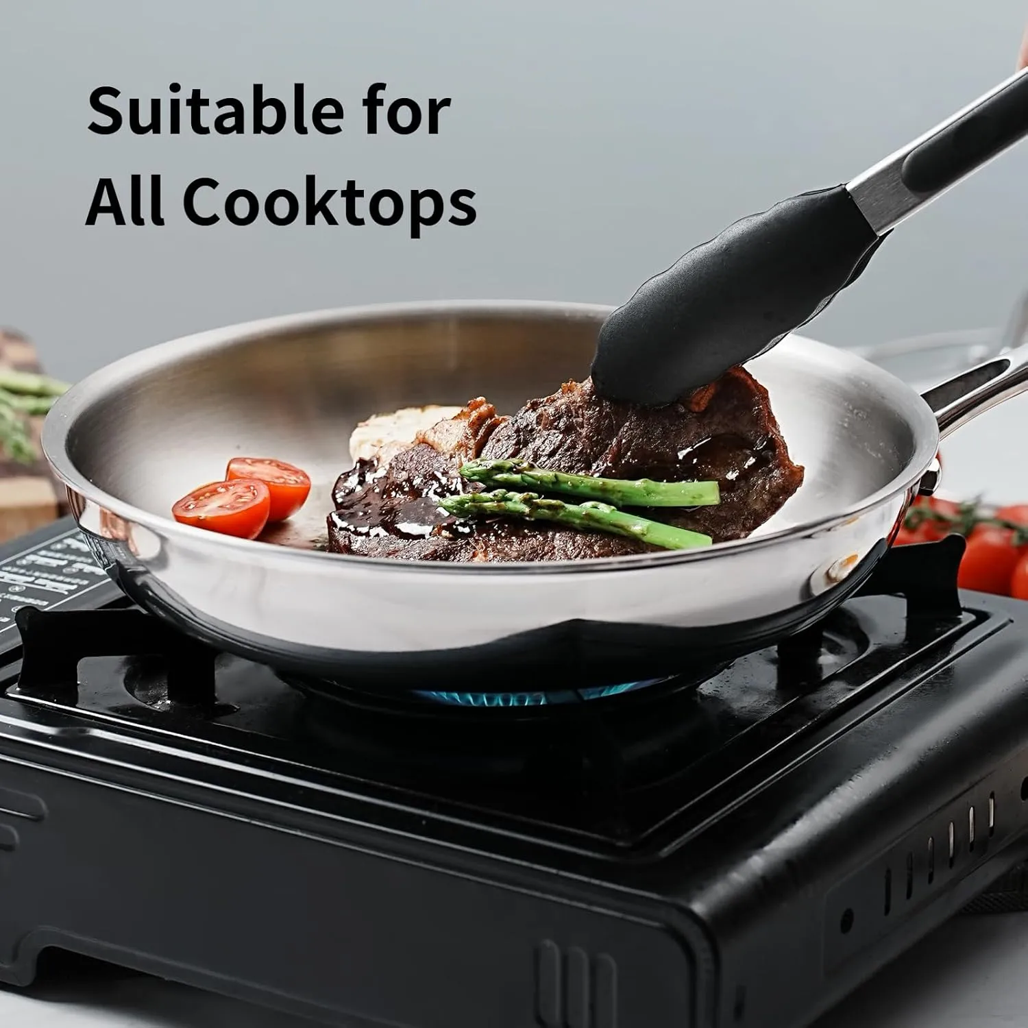 10 Inch Tri-Ply Stainless Steel Frying Pan,Whole-Clad No Coatings Skillet with Stay-cool Handle for Cooking,Dishwasher and Oven Safe,Induction Pans