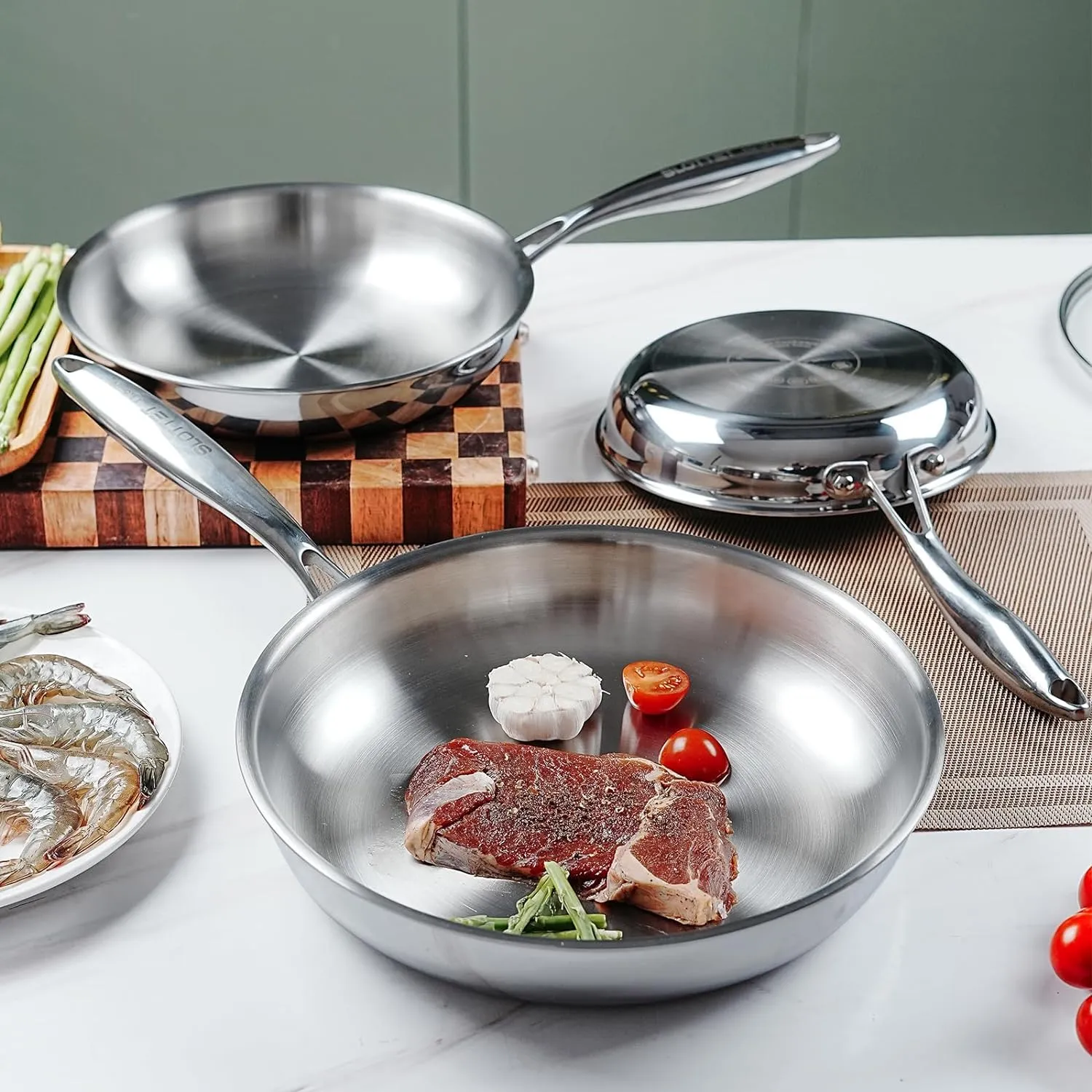 10 Inch Tri-Ply Stainless Steel Frying Pan,Whole-Clad No Coatings Skillet with Stay-cool Handle for Cooking,Dishwasher and Oven Safe,Induction Pans