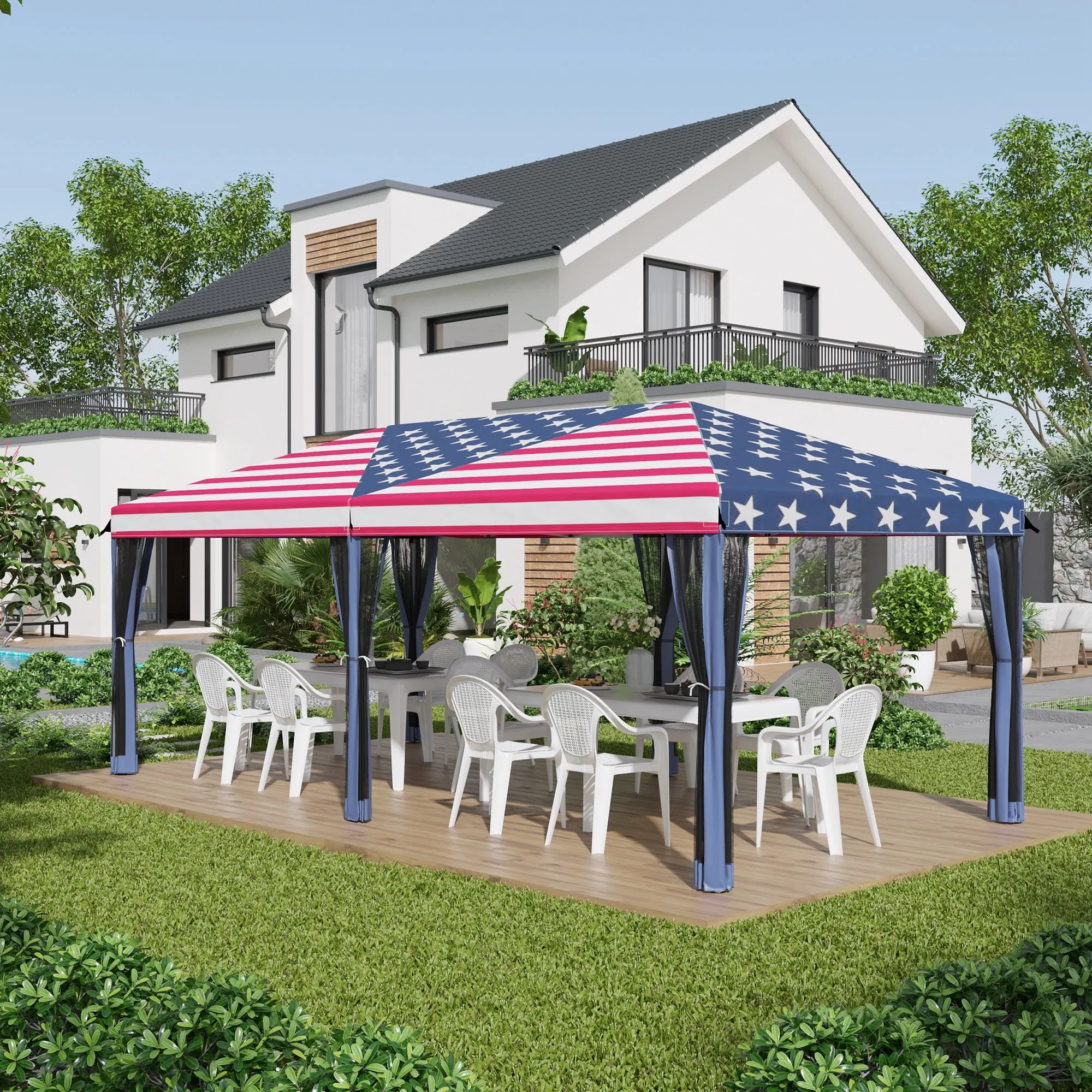 10' x 20' Heavy Duty Instant Canopy Tent with Netting & American Flag for Outdoor, Garden, Patio