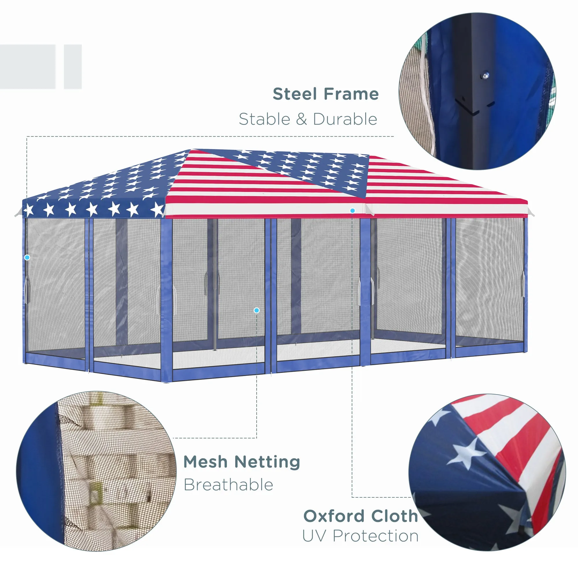 10' x 20' Heavy Duty Instant Canopy Tent with Netting & American Flag for Outdoor, Garden, Patio