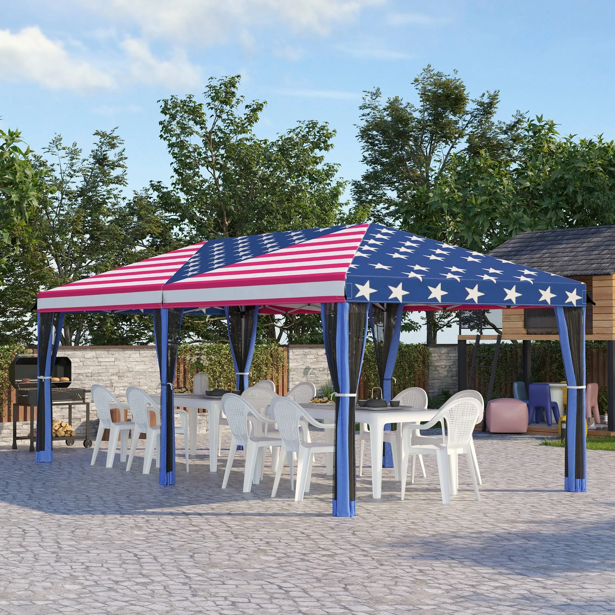 10' x 20' Heavy Duty Instant Canopy Tent with Netting & American Flag for Outdoor, Garden, Patio