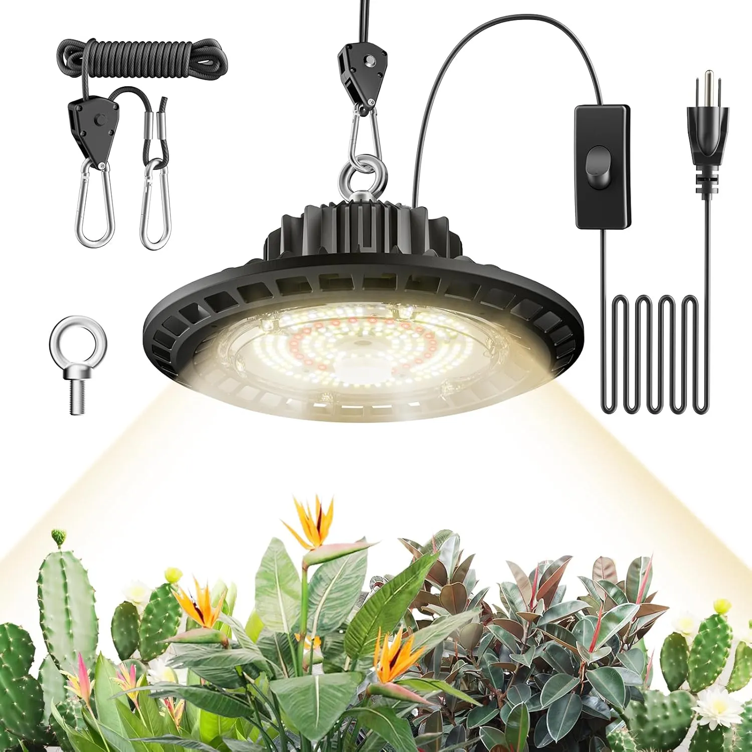 100W Hanging LED Grow Light for Indoor Plants, Full Spectrum UFO Lamp, 2.7 μmol/J, IP65 Waterproof, Long 10ft Cord, for Hydroponics, Greenhouse, Grow Tent, Indoor Garden