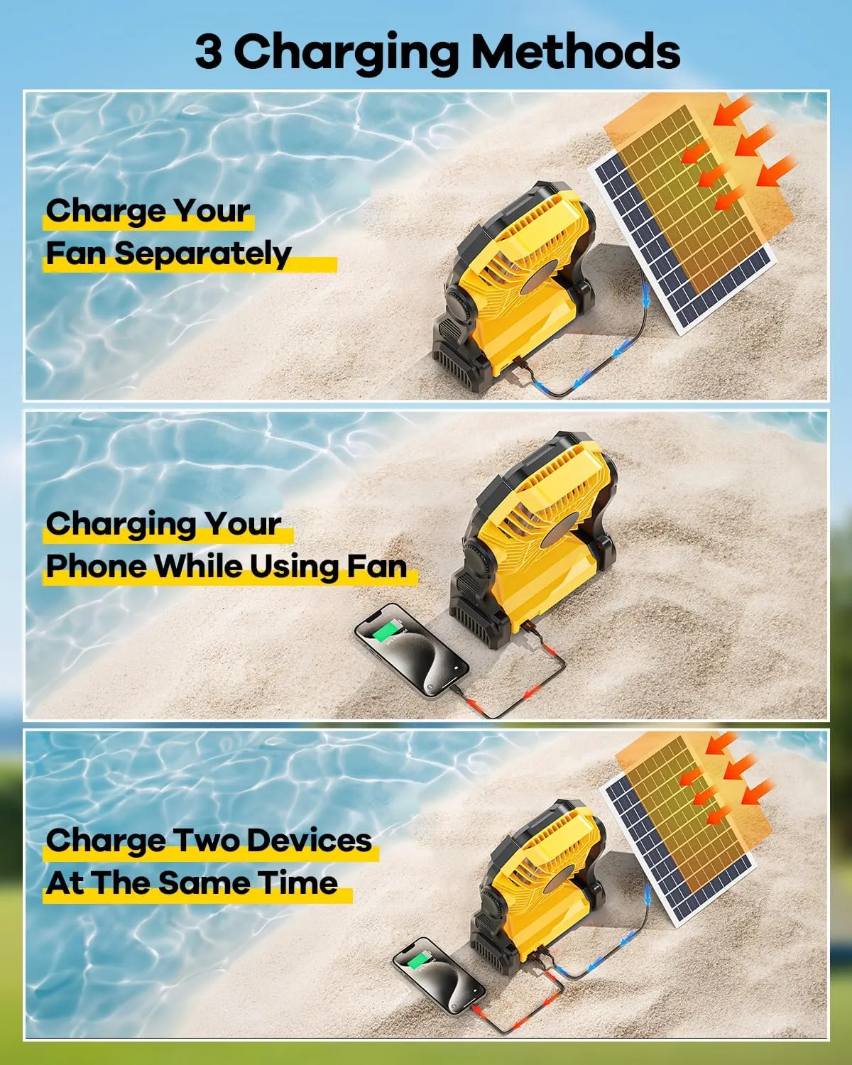 10400mAh Solar Fan, Camping Fan with 7W Panel/LED Lantern, Rechargeable Battery Operated Solar Powered for Outdoor & Indoor - Travel, Picnic, Barbecue, Fishing