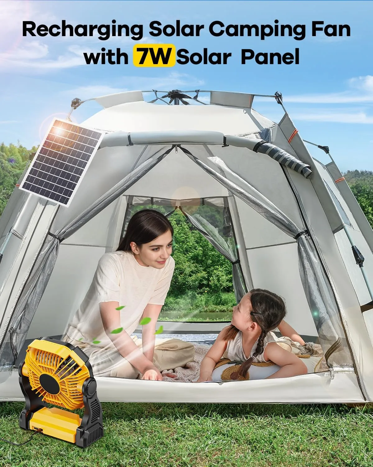 10400mAh Solar Fan, Camping Fan with 7W Panel/LED Lantern, Rechargeable Battery Operated Solar Powered for Outdoor & Indoor - Travel, Picnic, Barbecue, Fishing