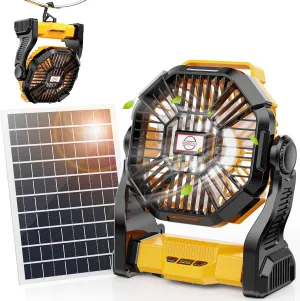 10400mAh Solar Fan, Camping Fan with 7W Panel/LED Lantern, Rechargeable Battery Operated Solar Powered for Outdoor & Indoor - Travel, Picnic, Barbecue, Fishing