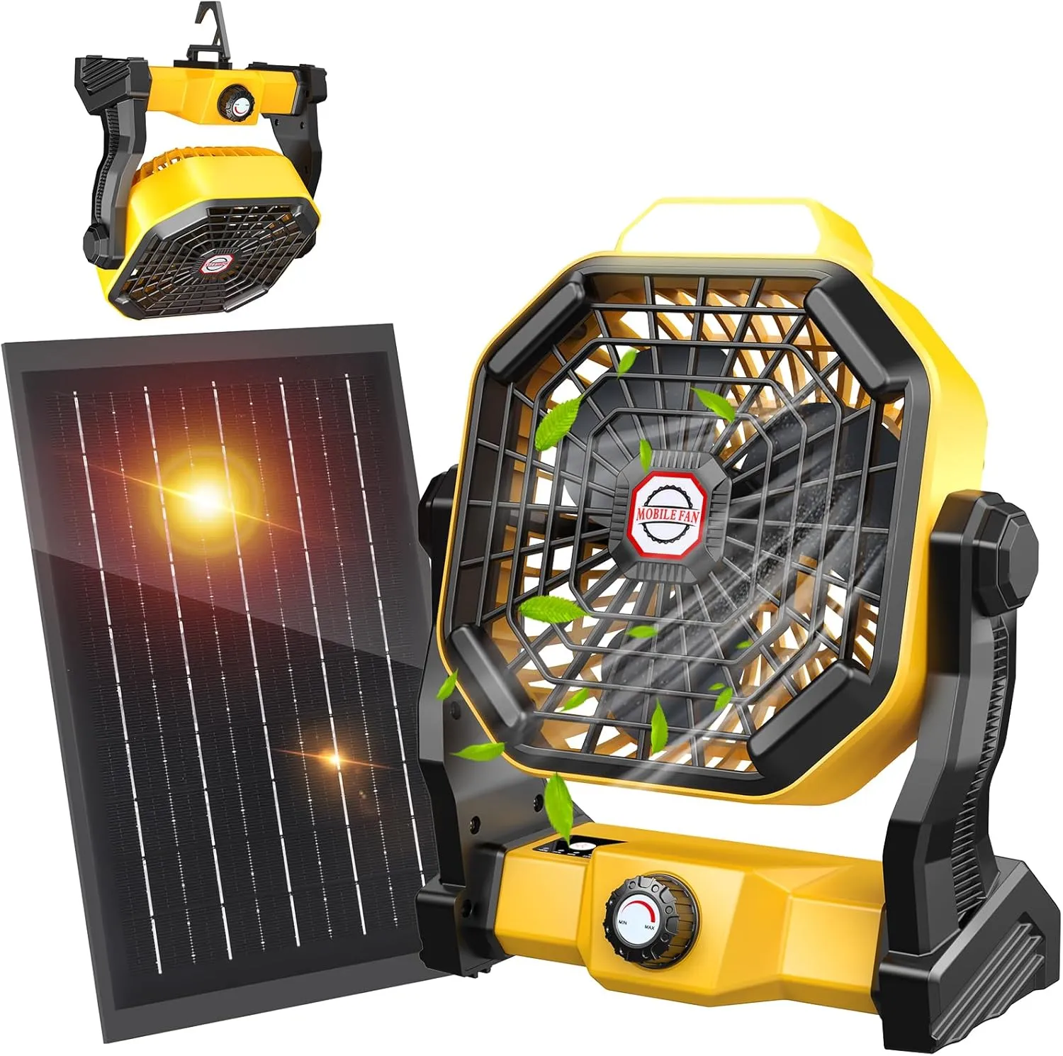 10400mAh Solar Fan with LED Lantern, Camping Fan with Solar Panel, 7W Rechargeable Solar Powered Fan for Outside, Quiet Battery Operated Tent Fan for Picnic, Barbecue, Fishing, Travel