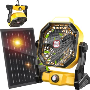 10400mAh Solar Fan with LED Lantern, Camping Fan with Solar Panel, 7W Rechargeable Solar Powered Fan for Outside, Quiet Battery Operated Tent Fan for Picnic, Barbecue, Fishing, Travel