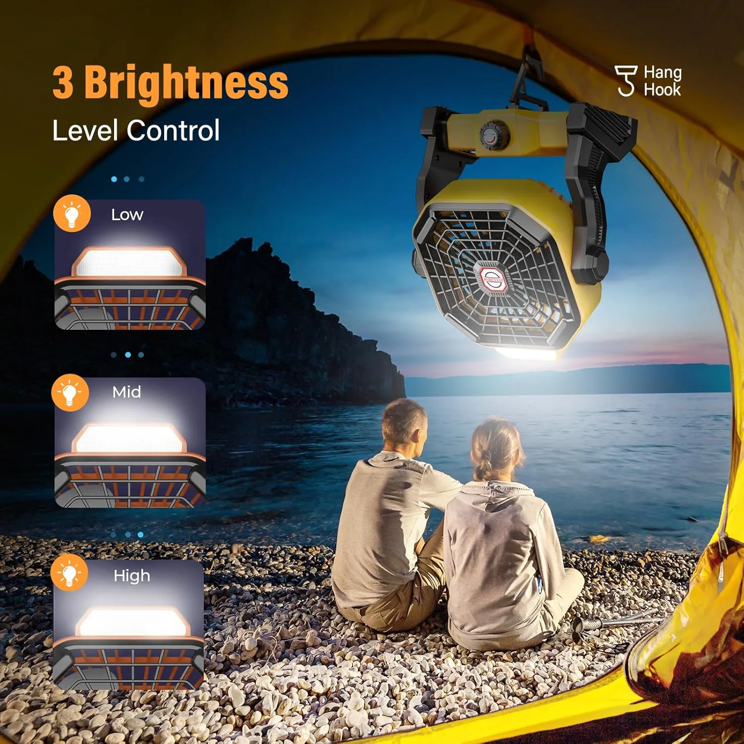 10400mAh Solar Fan with LED Lantern, Camping Fan with Solar Panel, 7W Rechargeable Solar Powered Fan for Outside, Quiet Battery Operated Tent Fan for Picnic, Barbecue, Fishing, Travel