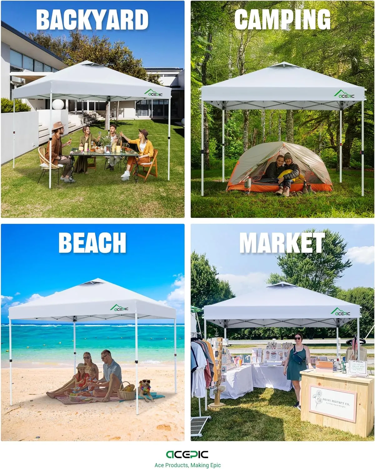 10x10 Pop Up Canopy Tent,300D Silver-Coating Top,Pop Up Canopy Tent Instant Portable Shelter with 1-Button Push and Wheel Carry Bag, 8 Stakes and 4 Upgrade Heavy Duty Canopy Weights (White)