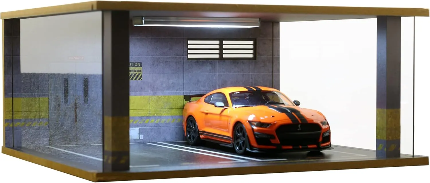 1/18 Scale Model Car Display Case - 1:18 Car Garage Display Case with Clear Acrylic Cover and LED Lighting for Die-Cast Cars, 2 Parkings D5