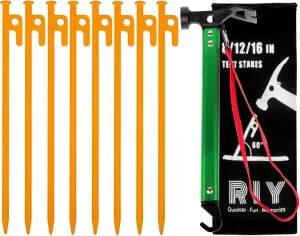 12'' 8pcs Orange Tent Stakes and 12" Carbon Steel Aluminum Camping Hammer Green