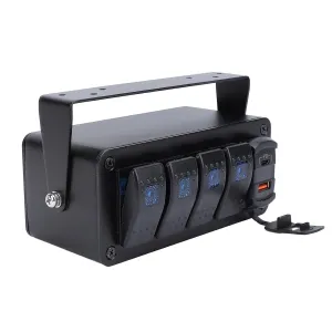 12V 24V DC Rocker Switch Box, PD Type C QC 3.0 USB Multifunction Fast Charging 4 Gang Rocker Switch Box for UTV ATV for Car RV (Blue Light)