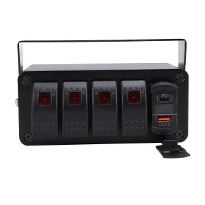12V 24V DC Rocker Switch Box, PD Type C QC 3.0 USB Multifunction Fast Charging 4 Gang Rocker Switch Box for UTV ATV for Car RV (Red Light)