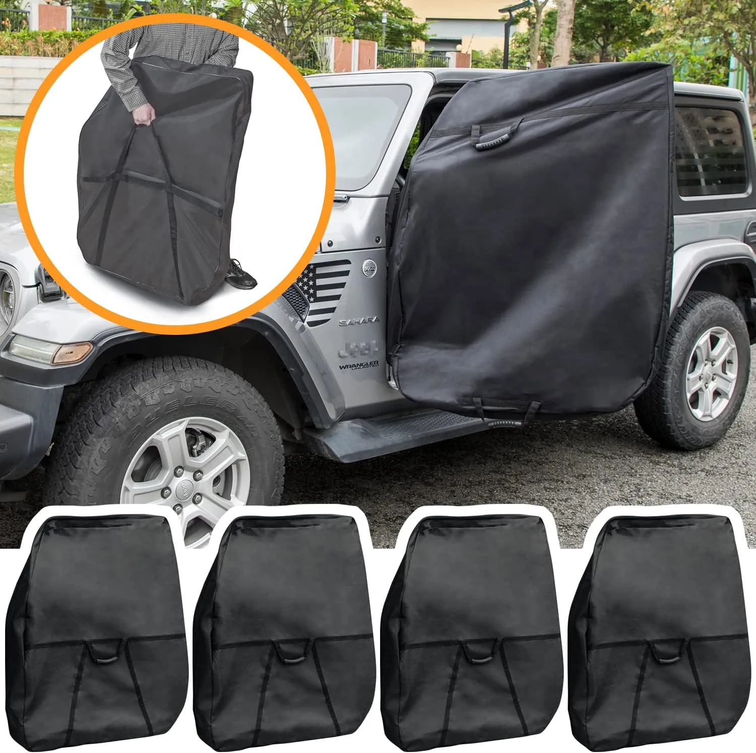 13110001 Hard Door Storage Bag with Handle for 1976-2023 Jeep Wrangler JK JKU JL JLU TJ YJ CJ Sports Sahara Freedom Rubicon Unlimited Gladiator JT 2-Door 4-Door (Black 4 Pack)