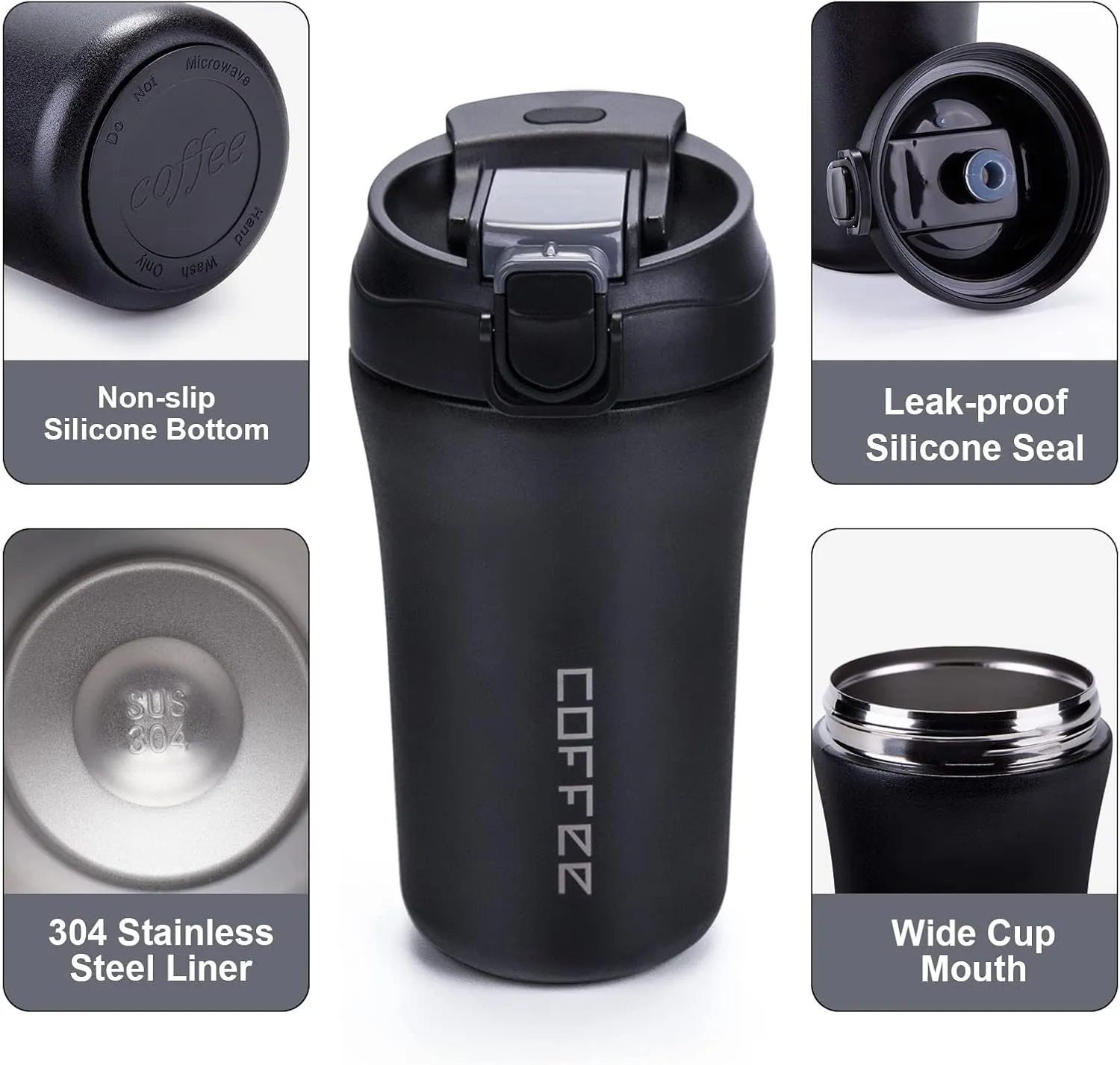 14 oz Travel Coffee Mug, 2 Pack Vacuum Insulated Coffee Travel Mug Spill Proof with Lid and Straw, Stainless Steel Reusable Coffee Tumbler for Hot and Cold Drinks, Gift for Men and Women(Black Grey)