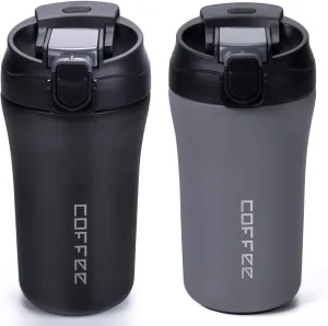 14 oz Travel Coffee Mug, 2 Pack Vacuum Insulated Coffee Travel Mug Spill Proof with Lid and Straw, Stainless Steel Reusable Coffee Tumbler for Hot and Cold Drinks, Gift for Men and Women(Black Grey)
