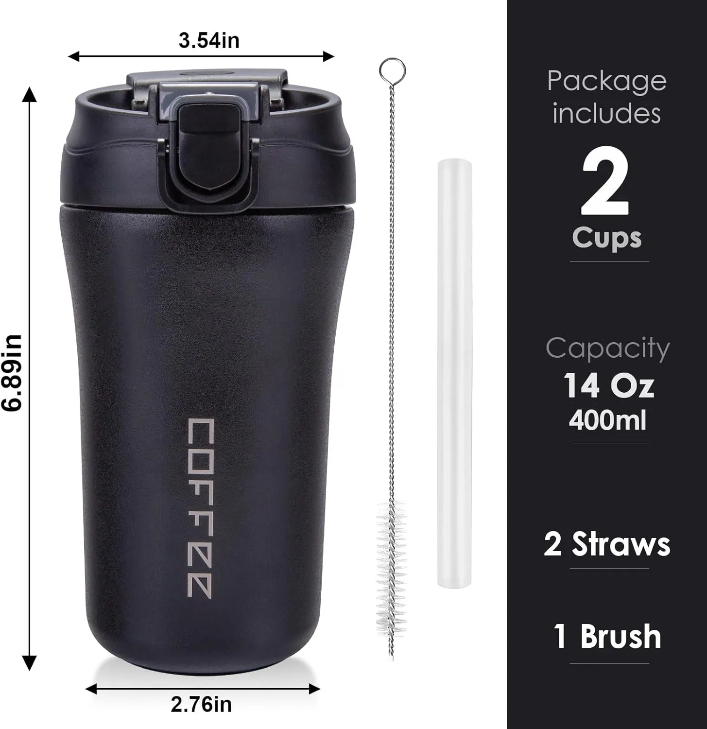 14 oz Travel Coffee Mug, 2 Pack Vacuum Insulated Coffee Travel Mug Spill Proof with Lid and Straw, Stainless Steel Reusable Coffee Tumbler for Hot and Cold Drinks, Gift for Men and Women(Black Grey)