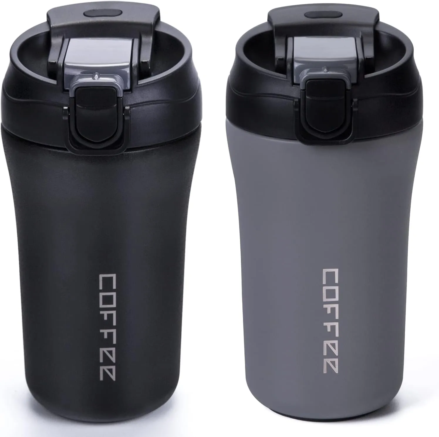 14 oz Travel Coffee Mug, 2 Pack Vacuum Insulated Coffee Travel Mug Spill Proof with Lid and Straw, Stainless Steel Reusable Coffee Tumbler for Hot and Cold Drinks, Gift for Men and Women(Black Grey)