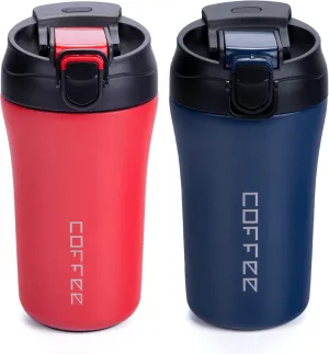 14 oz Travel Coffee Mug, 2 Pack Vacuum Insulated Coffee Travel Mug Spill Proof with Lid and Straw, Stainless Steel Reusable Coffee Tumbler for Hot and Cold Drinks, Gift for Men and Women(Red Blue)