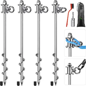 16‘’ Long Heavy Duty Ground Anchors Broad Helix Tent Stakes for Trampoline Camping Swing Set Shed Canopy Securing Animals Bounce House Free Swivel Anchor Design 4 Pcs