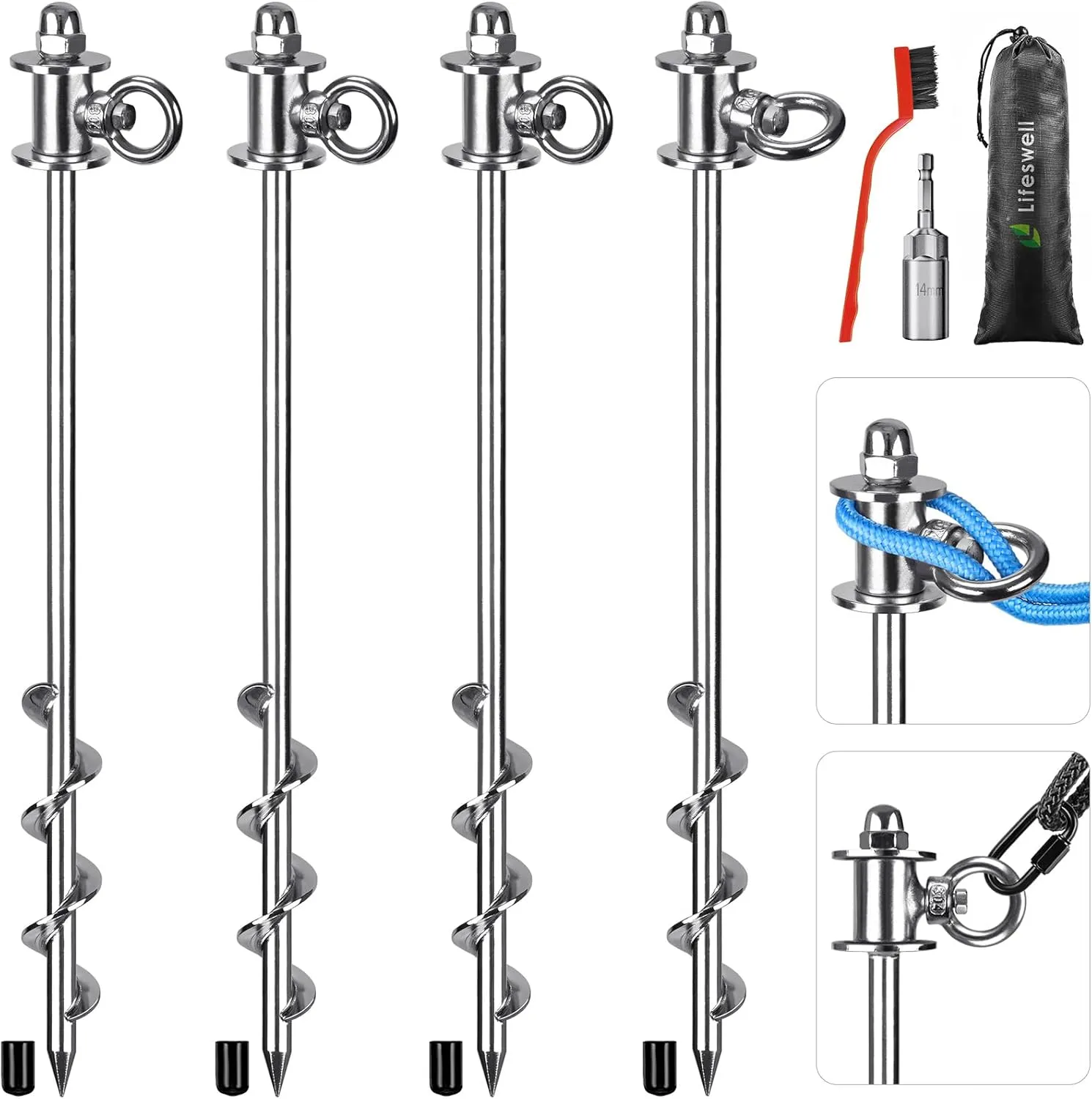 16‘’ Long Heavy Duty Ground Anchors Broad Helix Tent Stakes for Trampoline Camping Swing Set Shed Canopy Securing Animals Bounce House Free Swivel Anchor Design 4 Pcs
