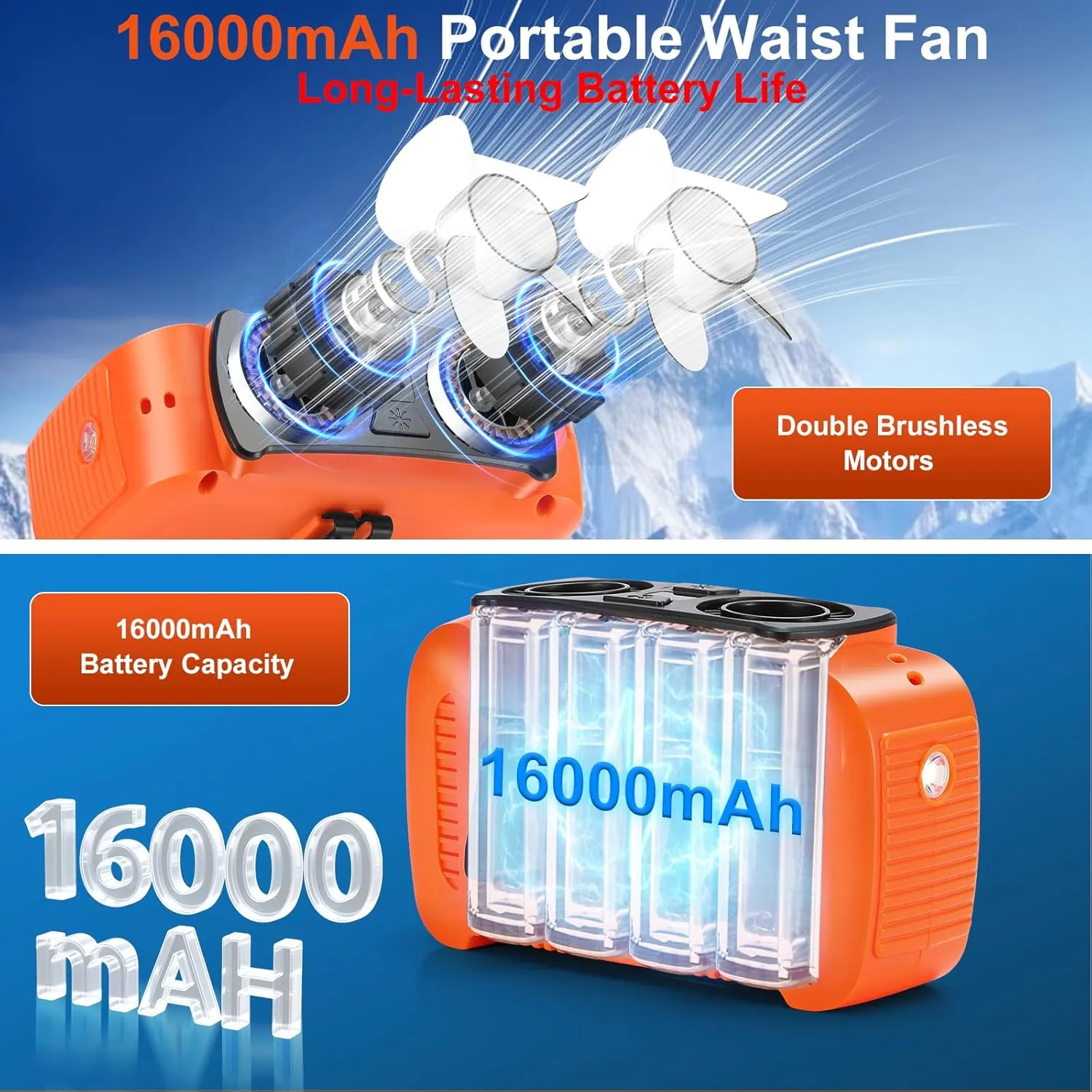 16000mAh Portable Waist Fan- Rechargeable Battery Personal Fan Clip on Wearable Belt With 5 Speeds,LED Digital Display and Flashlight Neck Fan Hands-Free 25H Cooling For Outdoor Travel Camping-Orange