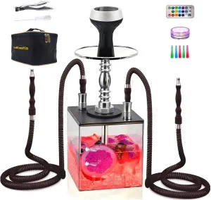 2 Hose Hookah – Square Hookah Chicha Set with Everything, Travel Hookah Kit with LED Lights and Portable Bag（Black）