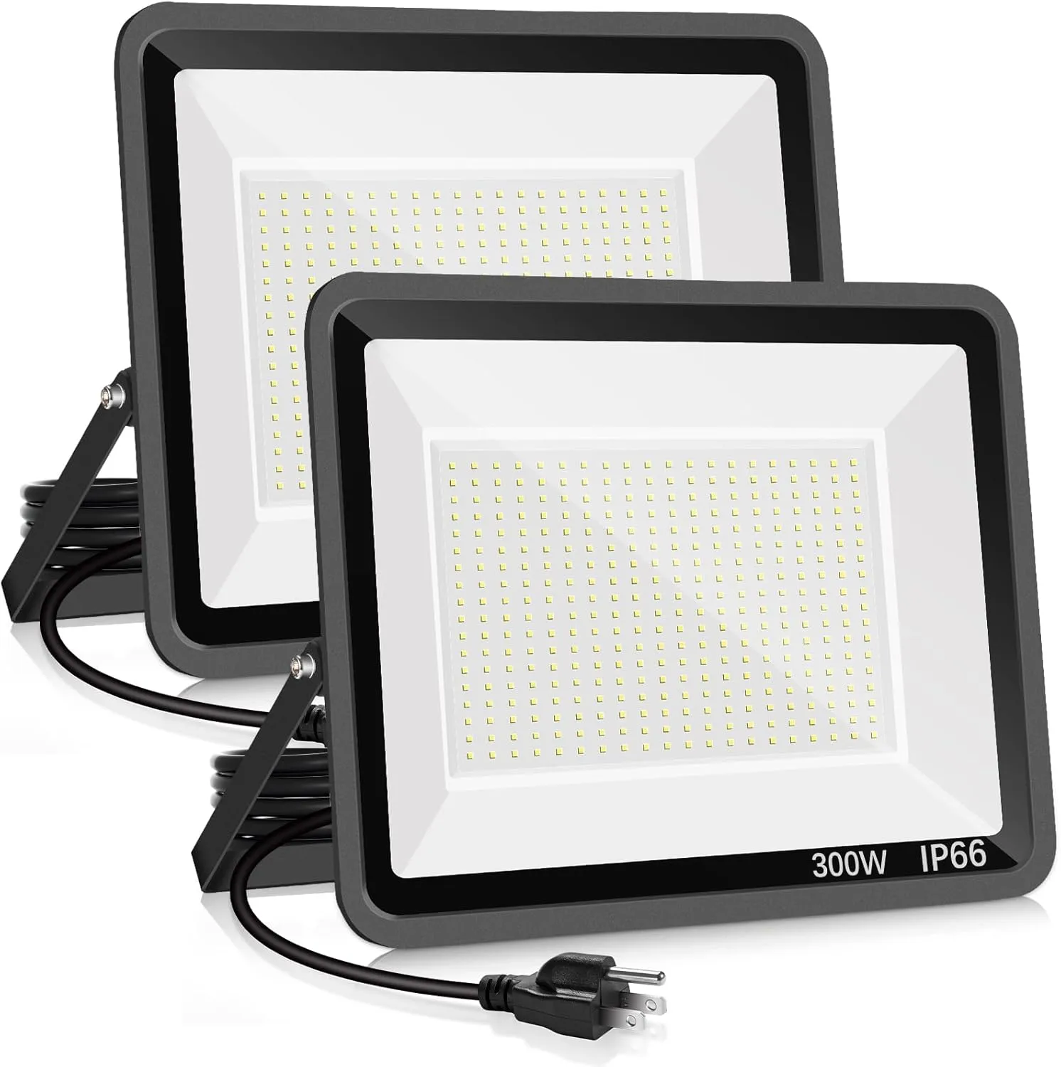 2 Pack 300W LED Flood Light Outdoor,2000W Equivalent 43500LM 5000K Daylight White Super Bright FloodLight with Plug,IP66 Waterproof Commercial Lighting for Sports Fields,Counts,Arena,Stadium