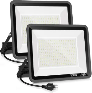 2 Pack 300W LED Flood Light Outdoor,2000W Equivalent 43500LM 5000K Daylight White Super Bright FloodLight with Plug,IP66 Waterproof Commercial Lighting for Sports Fields,Counts,Arena,Stadium
