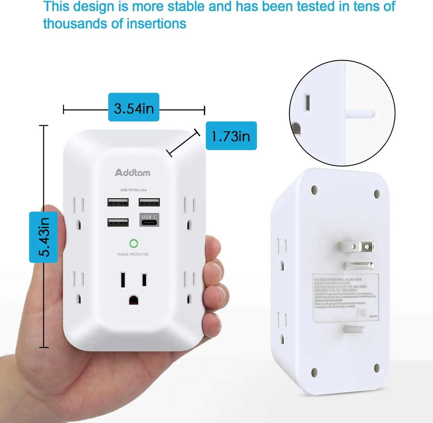 2 Pack Addtam USB Wall Charger Surge Protector, 5 Outlet Extender with 4 USB Charging Ports (1 USB C Outlet) 3 Sided 1800J Power Strip Multi Plug Outlets, Wall Adapter Spaced for Home Office
