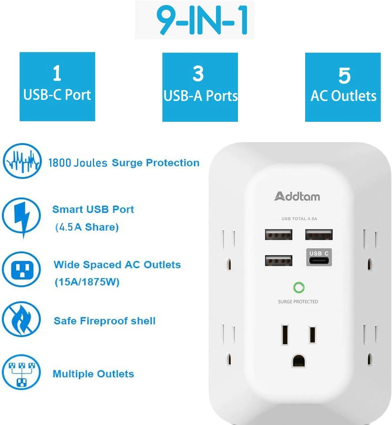 2 Pack Addtam USB Wall Charger Surge Protector, 5 Outlet Extender with 4 USB Charging Ports (1 USB C Outlet) 3 Sided 1800J Power Strip Multi Plug Outlets, Wall Adapter Spaced for Home Office