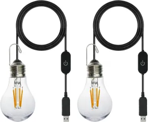 2-Pack Dimmable Shatterproof Waterproof Camping Light with USB Plug, 7.5ft Cord with Built-in Hanger Outdoor Durable Portable Lights for RV Tent Garage Hiking Nighttime Activities