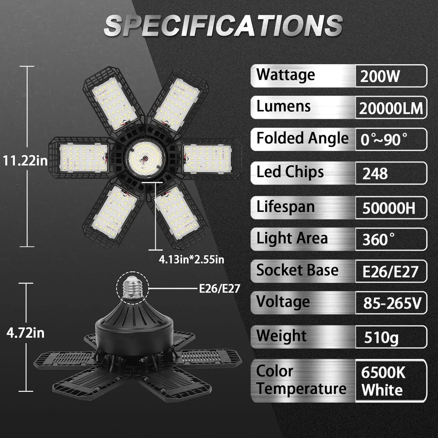 2 Pack Garage Light, 200W 20000LM 6500K LED Shop Lights, Garage Lights Ceiling Led with 6 1 Deformable Panels, Screw in E26/E27 Socket Bulb for Warehouse, Workshop, Basement, Barn Lighting