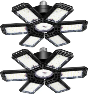 2 Pack Garage Light, 200W 20000LM 6500K LED Shop Lights, Garage Lights Ceiling Led with 6 1 Deformable Panels, Screw in E26/E27 Socket Bulb for Warehouse, Workshop, Basement, Barn Lighting