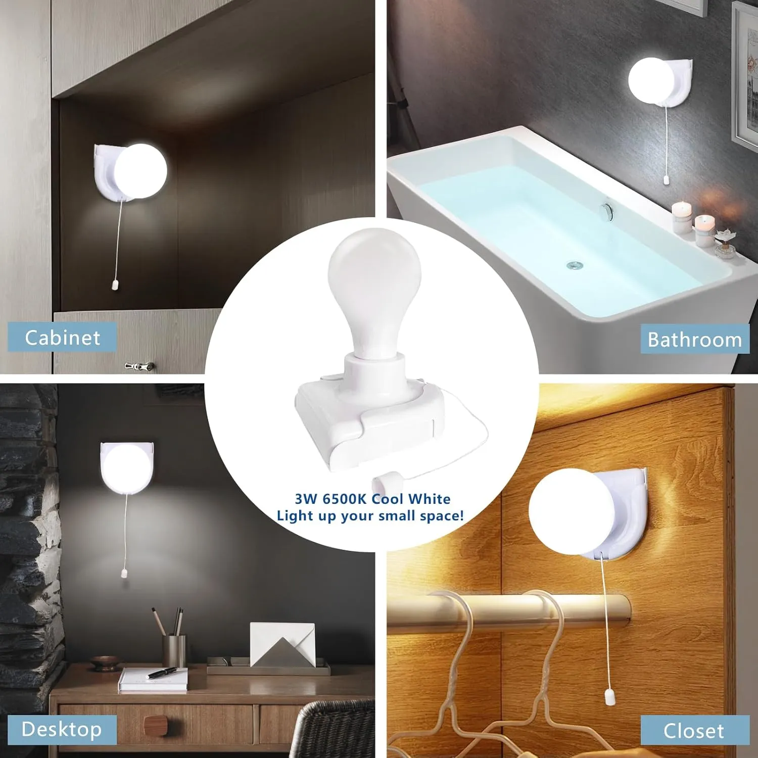 2 Pack Stick-Up Battery Operated Light Bulb, Wireless LED Closet Light Bulb, Self Adhesive Wall Mounted Light Fixture with Pull Chain for Cabinet Bedroom Living Room Kitchen, Milk White Cover