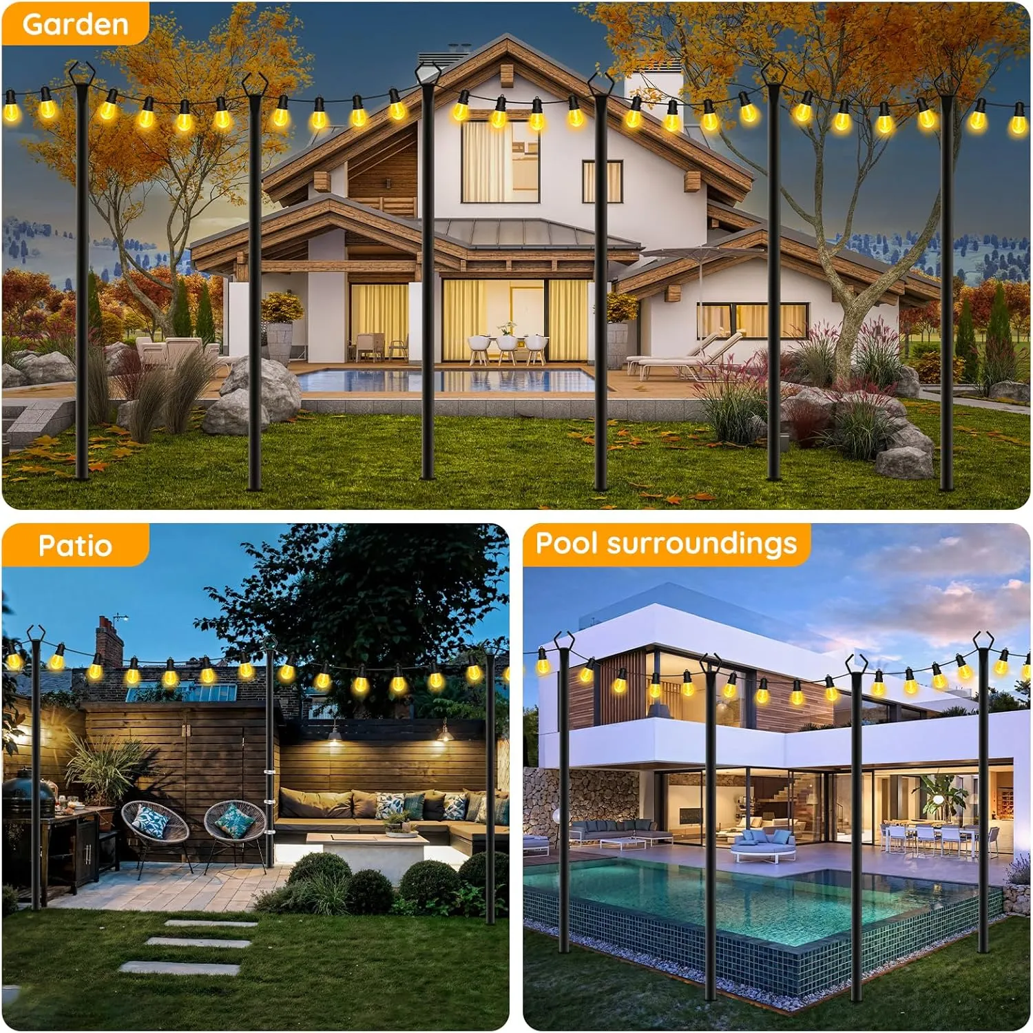 2 Pack String Light Poles, Outdoor String Light Pole 10ft Forked Metal Light Pole with Adjustable Outdoor Light Stand, Deck, Backyard, Garden, Wedding, Rustproof and Sturdy with Hooks
