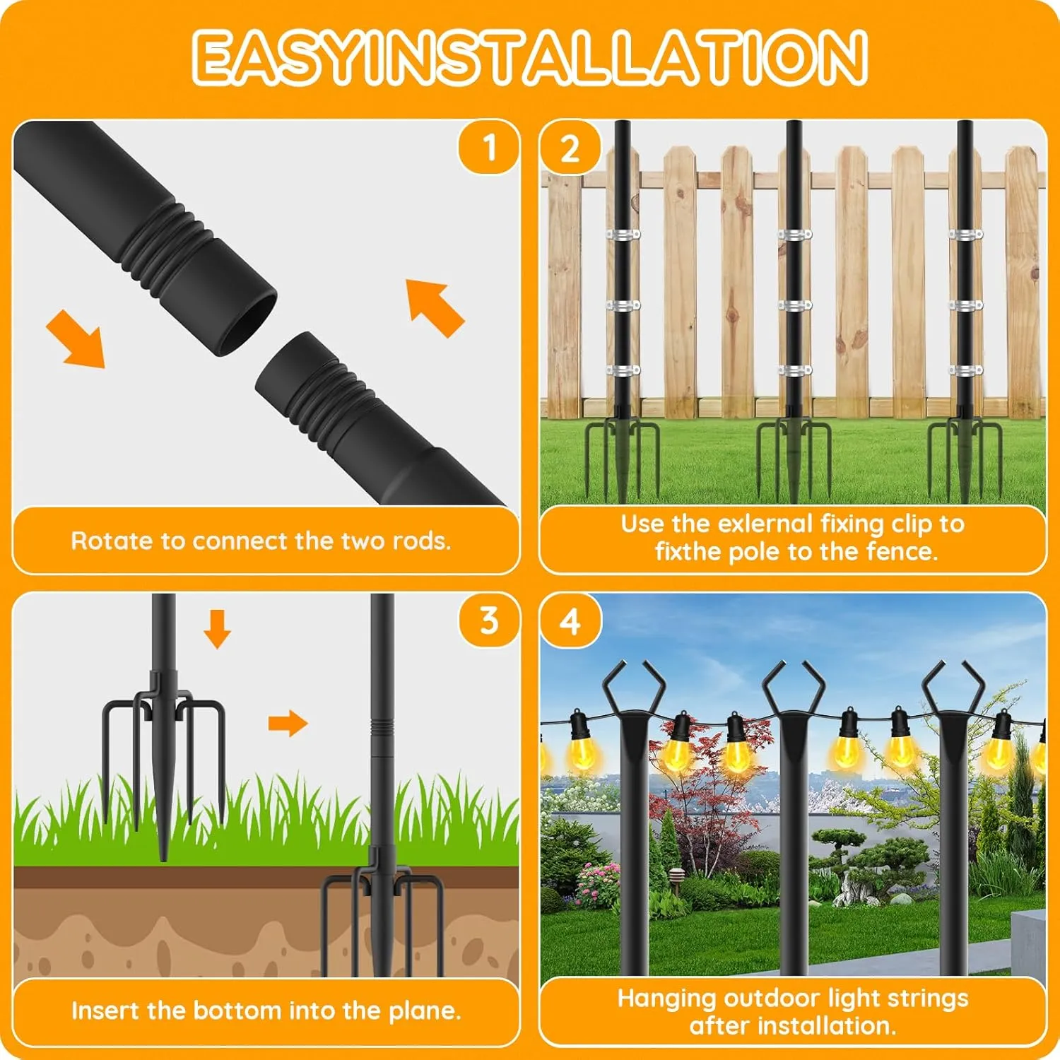 2 Pack String Light Poles, Outdoor String Light Pole 10ft Forked Metal Light Pole with Adjustable Outdoor Light Stand, Deck, Backyard, Garden, Wedding, Rustproof and Sturdy with Hooks
