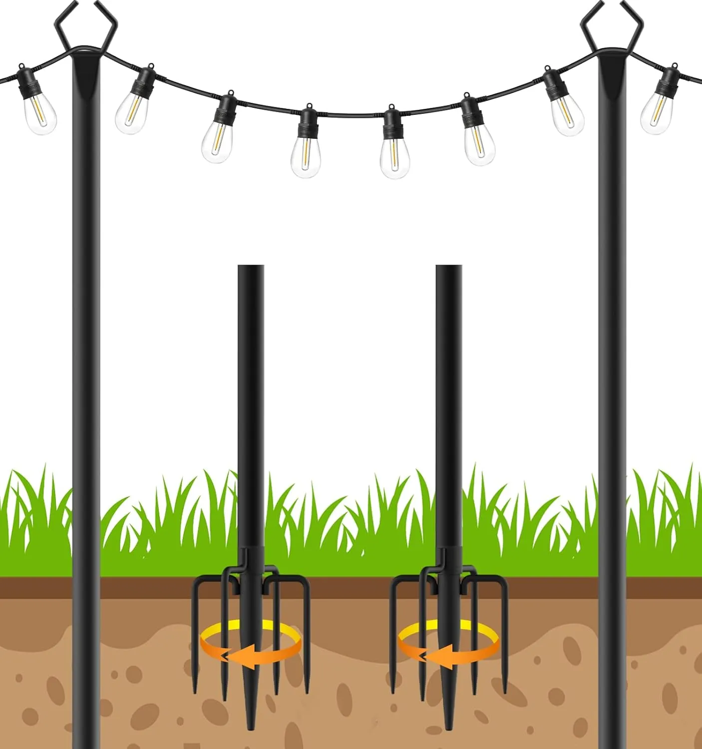 2 Pack String Light Poles, Outdoor String Light Pole 10ft Forked Metal Light Pole with Adjustable Outdoor Light Stand, Deck, Backyard, Garden, Wedding, Rustproof and Sturdy with Hooks