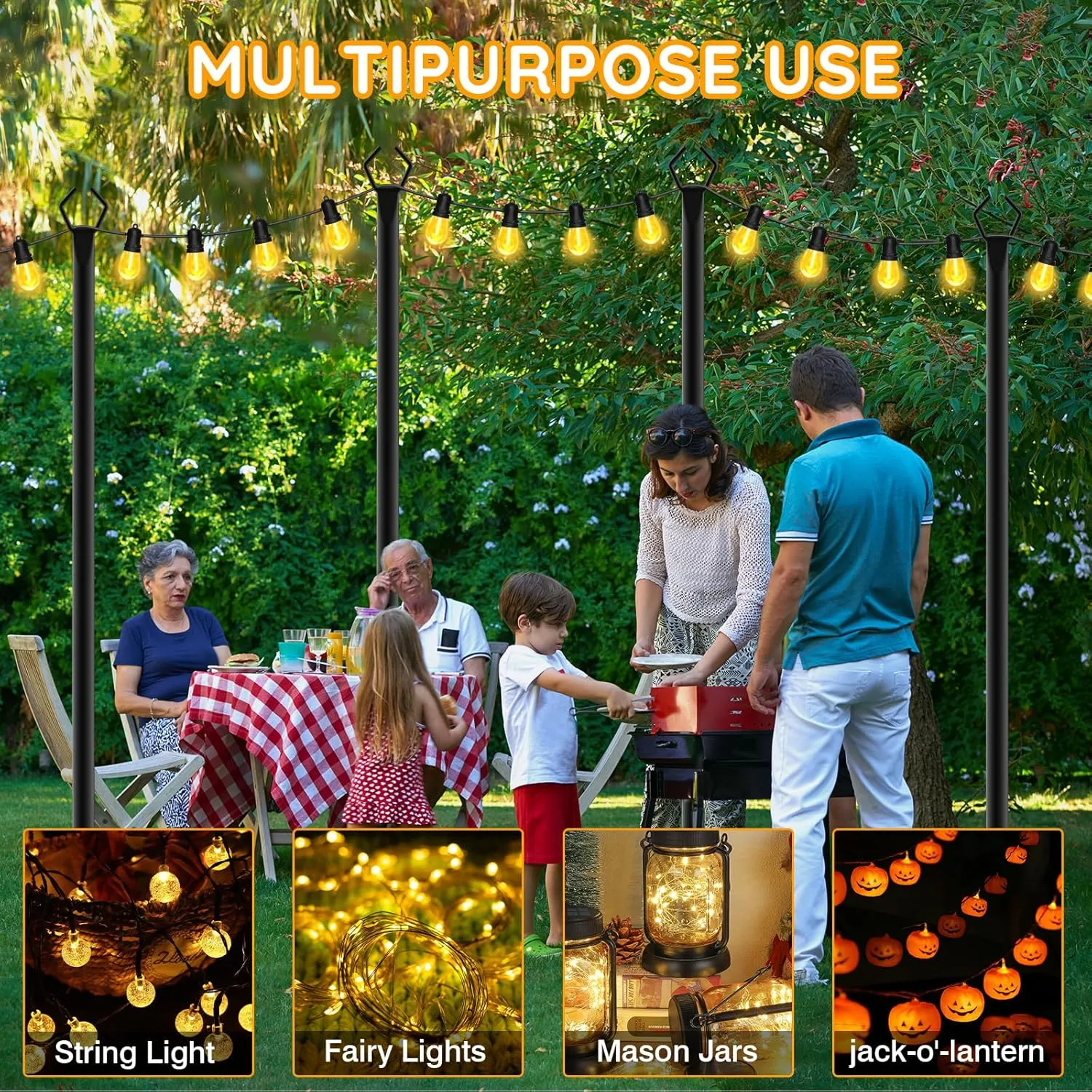 2 Pack String Light Poles, Outdoor String Light Pole 10ft Forked Metal Light Pole with Adjustable Outdoor Light Stand, Deck, Backyard, Garden, Wedding, Rustproof and Sturdy with Hooks