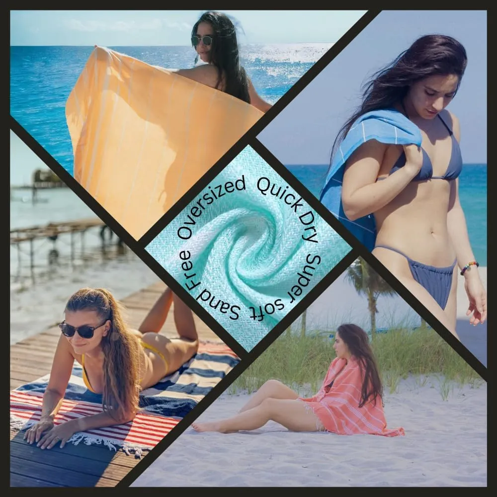 2 Pack The Turkish Beach Towel 40x72 Inches, Oversized 100% Cotton Sand Free Lightweight Absorbent Quick-Dry (Aqua Orange)