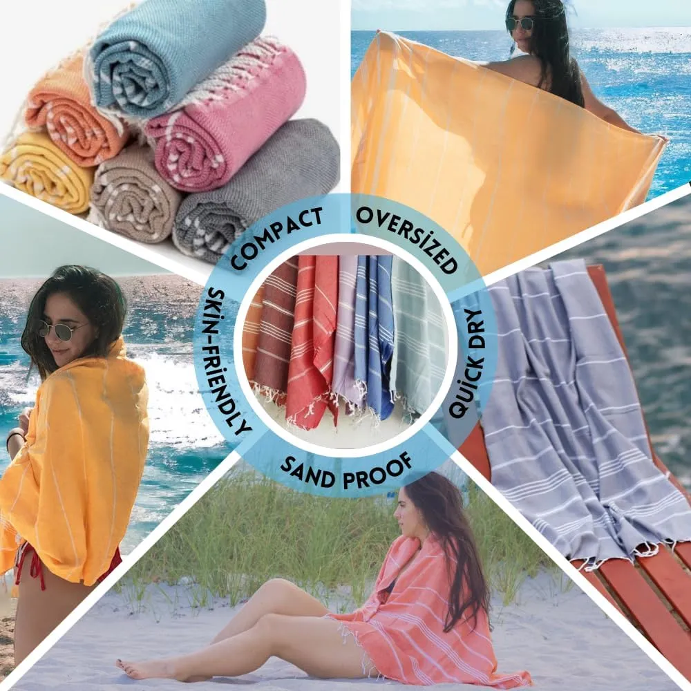 2 Pack The Turkish Beach Towel 40x72 Inches, Oversized 100% Cotton Sand Free Lightweight Absorbent Quick-Dry (Aqua Orange)