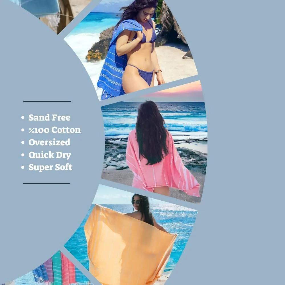 2 Pack The Turkish Beach Towel 40x72 Inches, Oversized 100% Cotton Sand Free Lightweight Absorbent Quick-Dry (Aqua Orange)