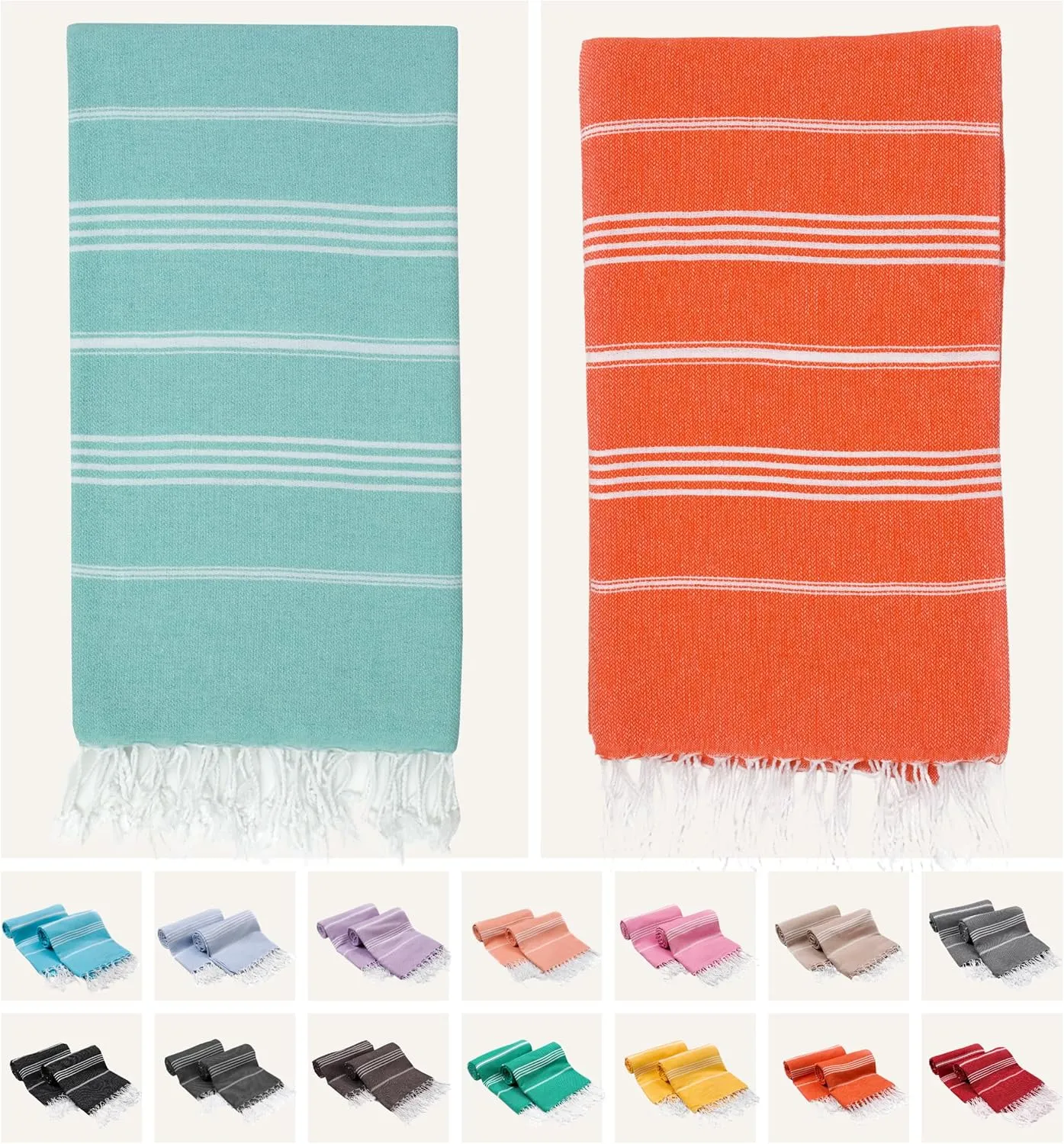 2 Pack The Turkish Beach Towel 40x72 Inches, Oversized 100% Cotton Sand Free Lightweight Absorbent Quick-Dry (Aqua Orange)