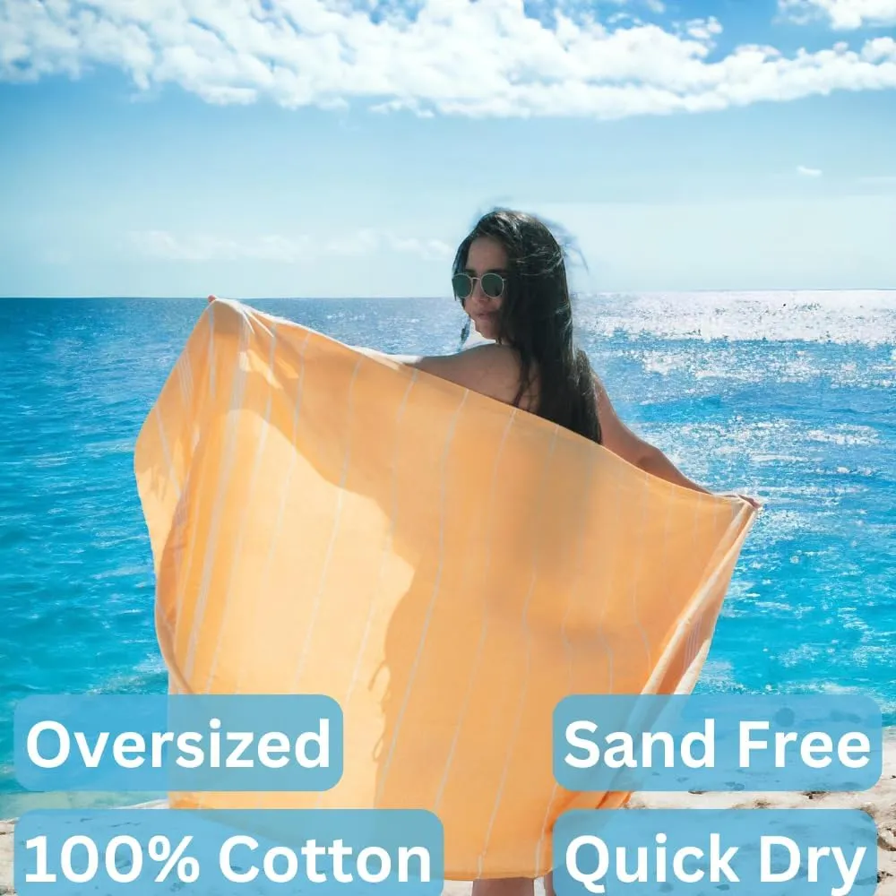 2 Pack The Turkish Beach Towel 40x72 Inches, Oversized 100% Cotton Sand Free Lightweight Absorbent Quick-Dry (Aqua Orange)