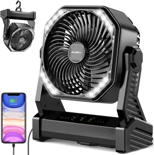 20000mAh Camping Fan, Rechargeable Portable Fan with 400 Lumes Light, 360° Rotatable Hook, 270° Pivot, 4 Speeds, 58Hrs Battery Powered for Tent Car Trip Outdoor BBQ Hurricane Power Outages