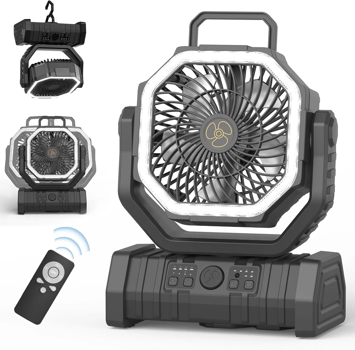 20000mAh Portable Camping Fan with LED Light, Rechargeable Battery Powered Oscillating Fan with Remote & Hook,Timer, 65HRS Running, 4-Speed for Travel, Tent, Room, Car, Picnic, Fishing-Black