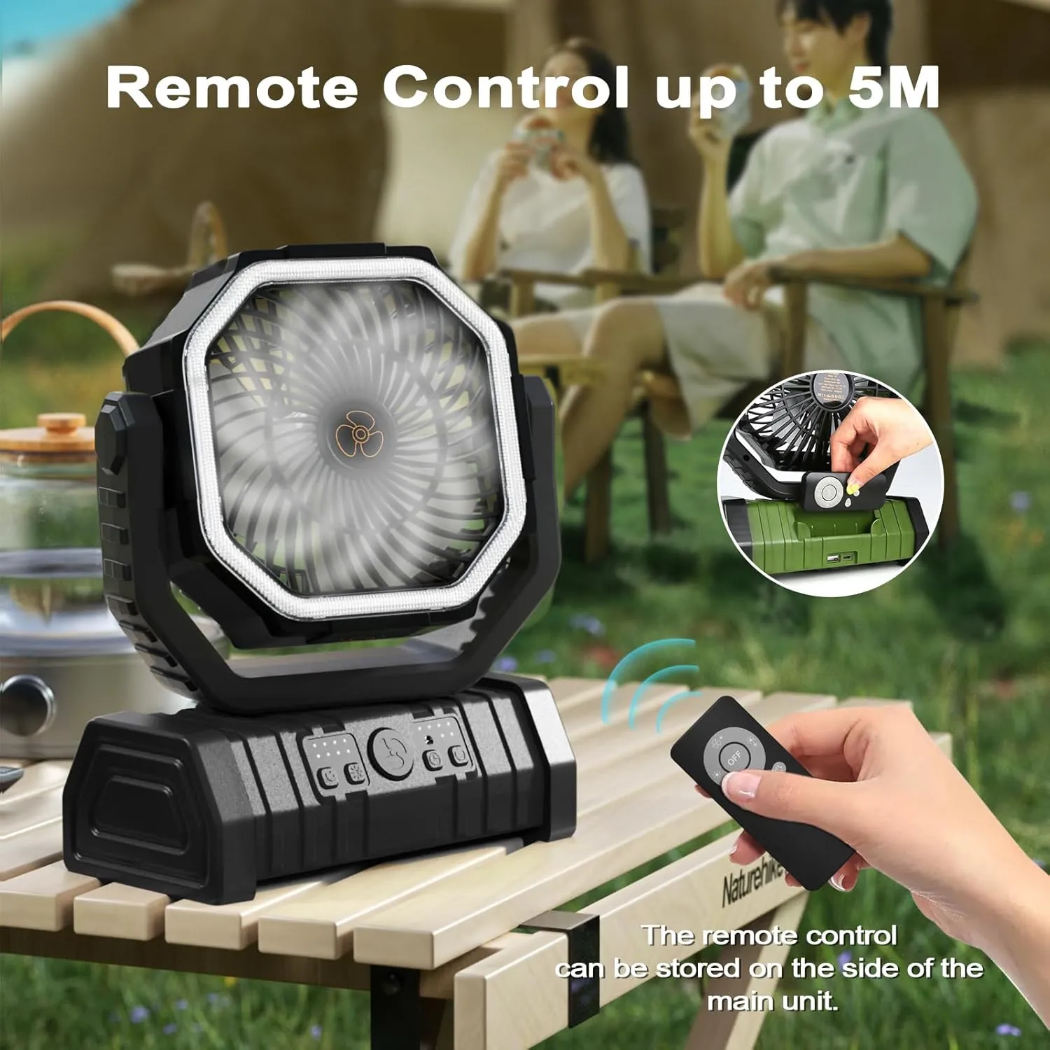 20000mAh Portable Camping Fan with LED Light, Rechargeable Battery Powered Oscillating Fan with Remote & Hook,Timer, 65HRS Running, 4-Speed for Travel, Tent, Room, Car, Picnic, Fishing-Black
