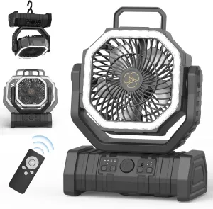 20000mAh Portable Camping Fan with LED Light, Rechargeable Battery Powered Oscillating Fan with Remote & Hook,Timer, 65HRS Running, 4-Speed for Travel, Tent, Room, Car, Picnic, Fishing-Black