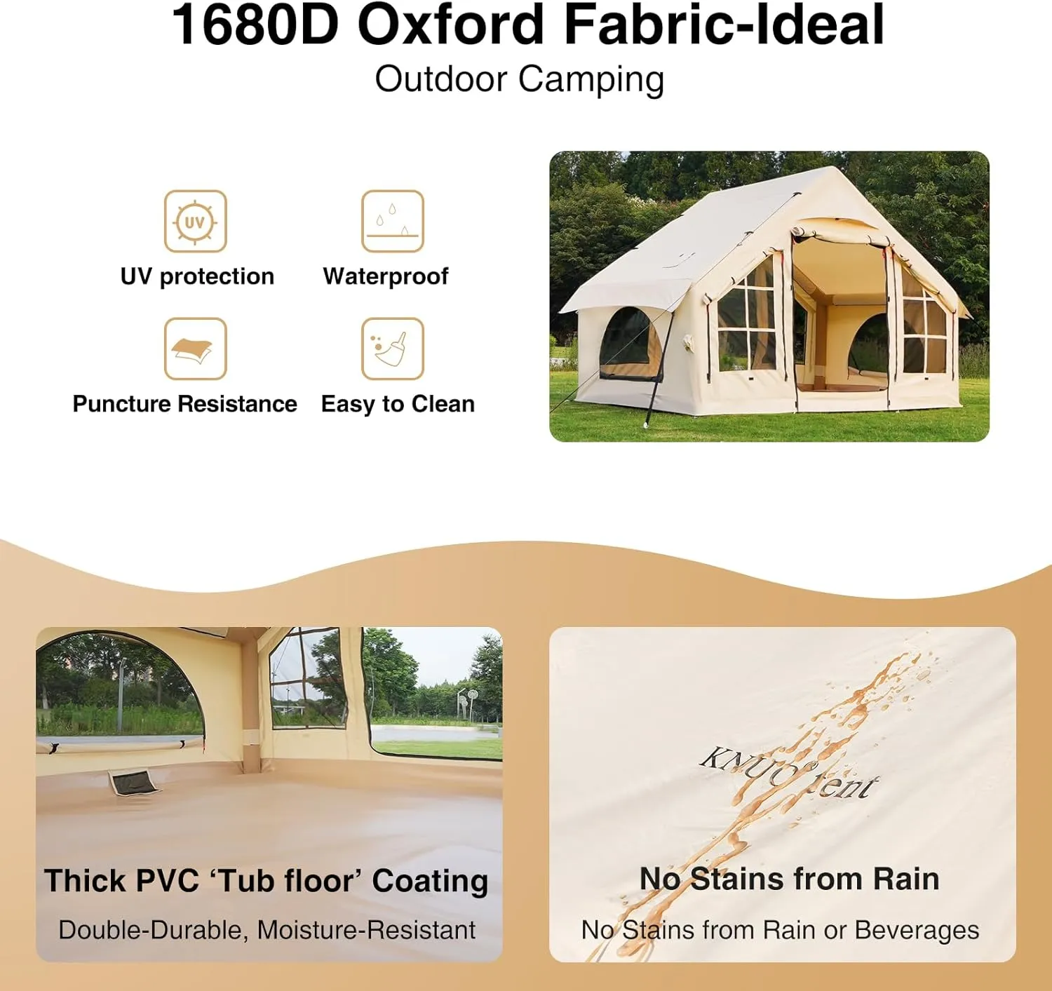 2025 Upgraded 100% Waterproof Inflatable Camping Tent, Large Blow-Up Air Tent, No Assembly Needed Luxury Glamping House, Oxford Fabric
